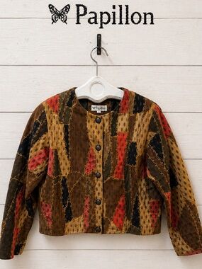 PAPILLON Brown Patchwork Genuine Leather Jacket Vintage Size M